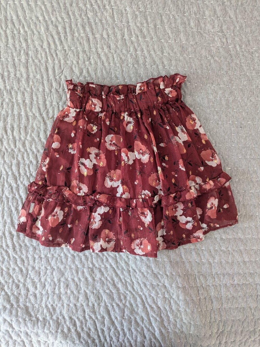 Creamie Girl’s Tiered Floral Skirt - Size 8 (128) - Maroon Gold Metallic - Boho